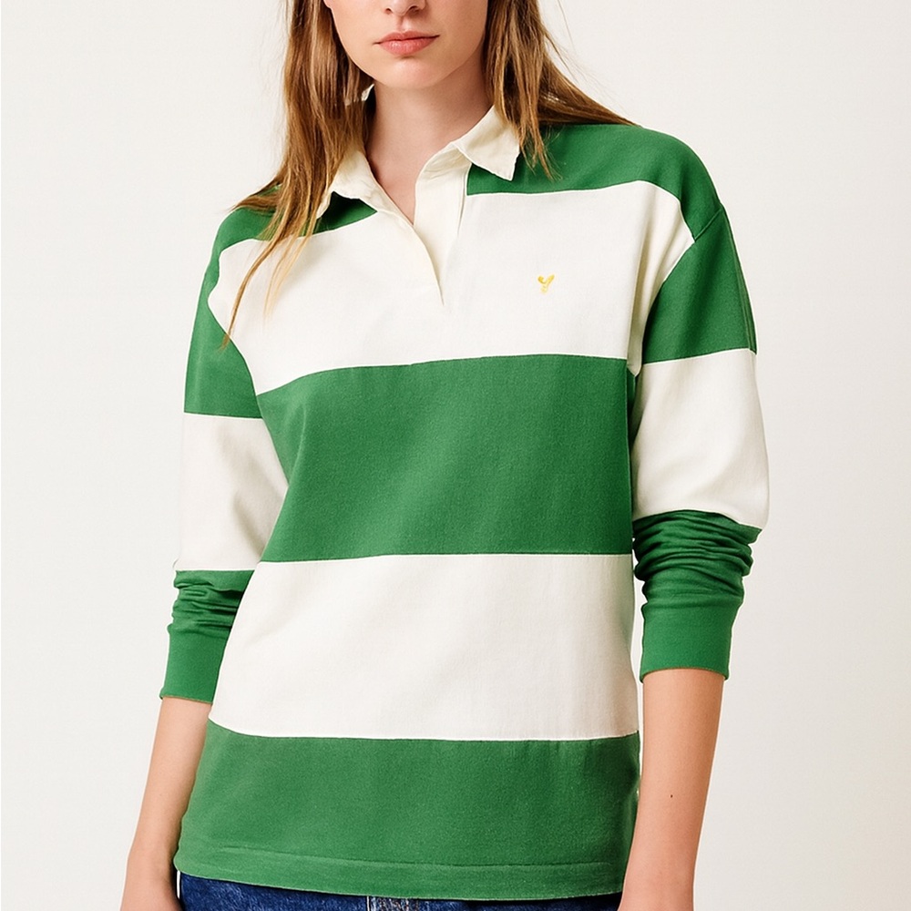 NWOT Vintage American Eagle Vintage Green White Striped Polo Rugby Shirt Preppy